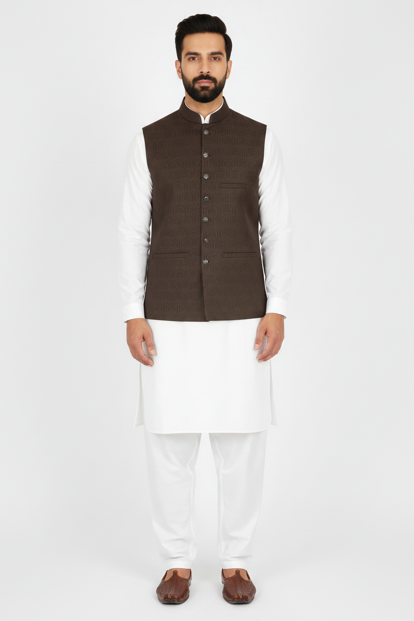 Men's Dark Brown Hex Design Jamawar Waistcoat Full Pose