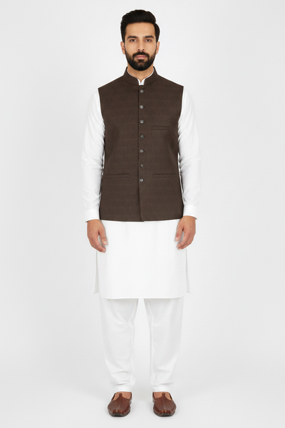 Men's Dark Brown Hex Design Jamawar Waistcoat Full Pose