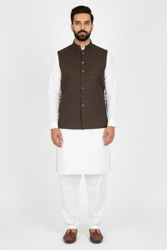 Men's Dark Brown Hex Design Jamawar Waistcoat Full Pose