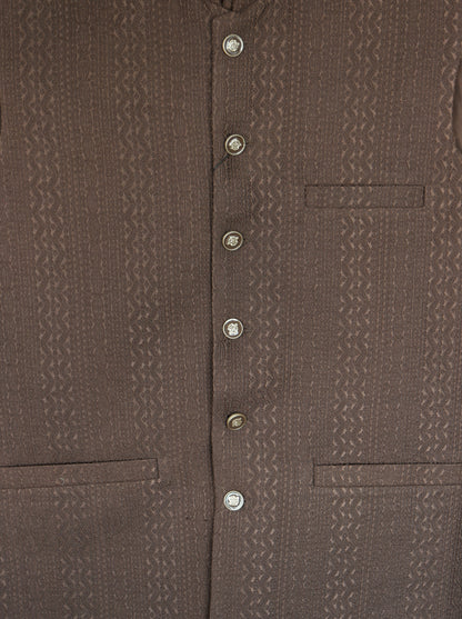 Men's Dark Brown Striped Design Jamawar Waistcoat