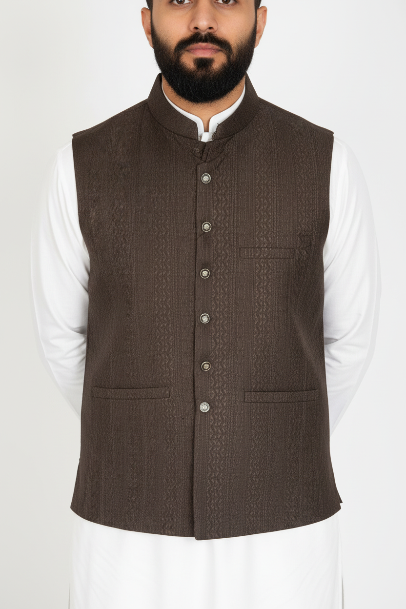 Men's Dark Brown Striped Design Jamawar Waistcoat Close Up