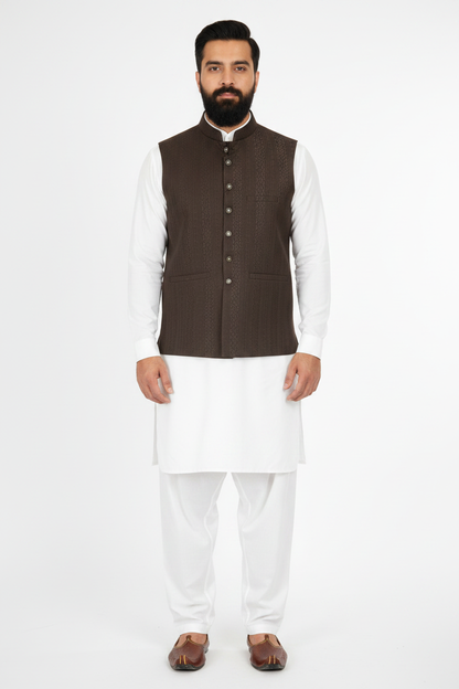 Men's Dark Brown Striped Design Jamawar Waistcoat Full Pose