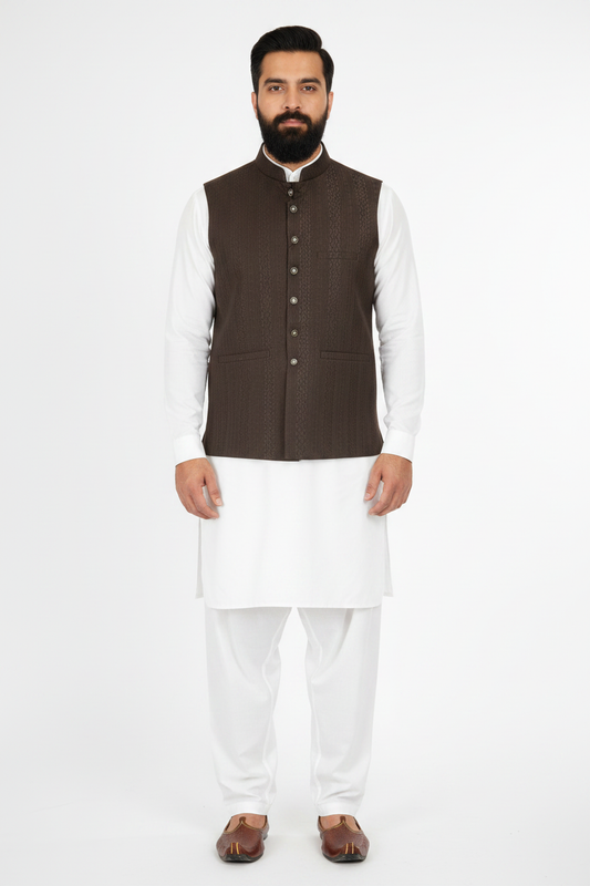 Men's Dark Brown Striped Design Jamawar Waistcoat Full Pose