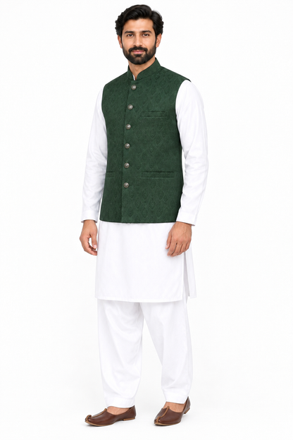 Men's Dark Green Feather Motif Design Jamawar Waistcoat Angled Full