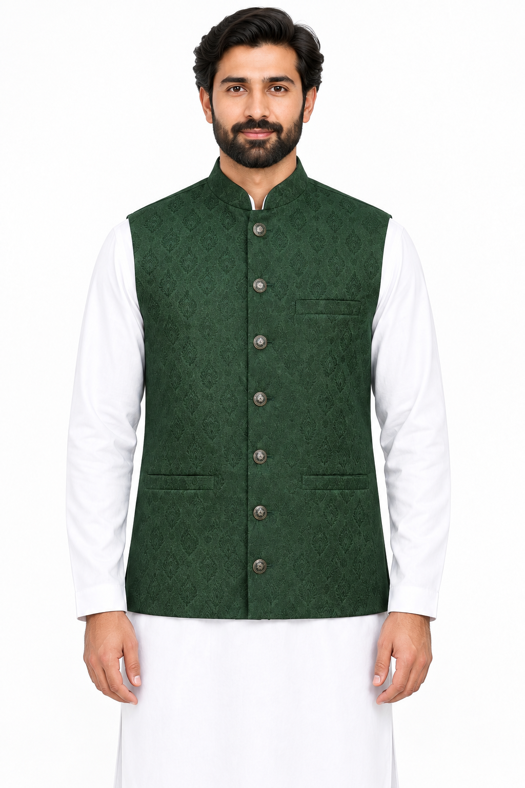 Men's Dark Green Feather Motif Design Jamawar Waistcoat Close Up