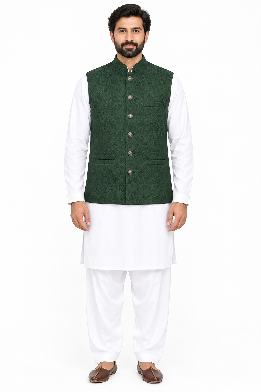 Men's Dark Green Feather Motif Design Jamawar Waistcoat Full