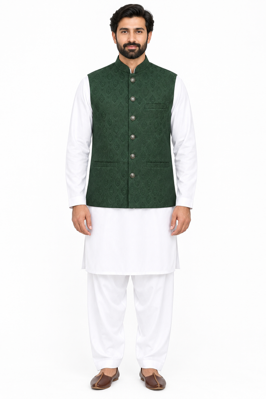 Men's Dark Green Feather Motif Design Jamawar Waistcoat Full