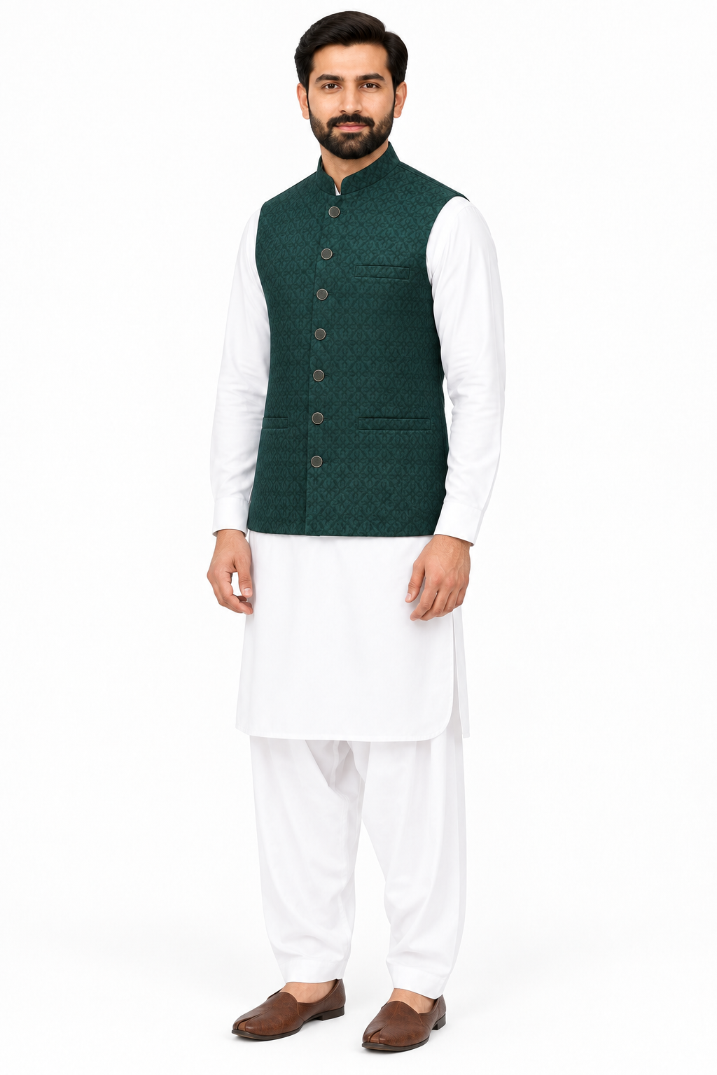 Men's Dark Green Geometric Design Jamawar Waistcoat Full