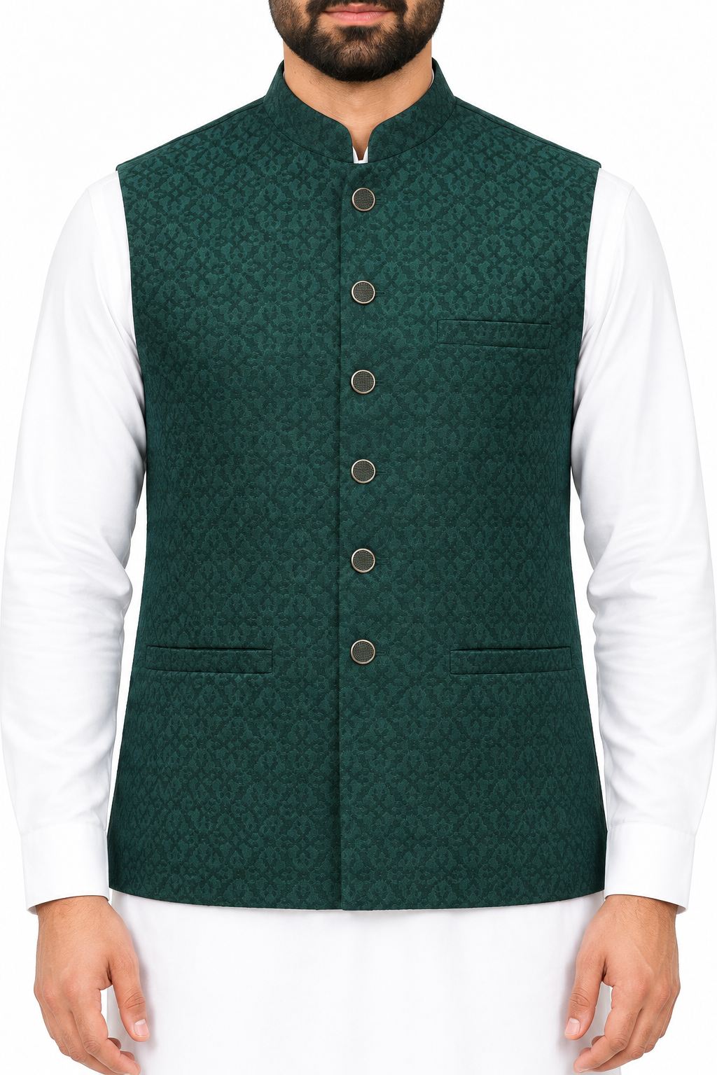 Men's Dark Green Geometric Design Jamawar Waistcoat Close Up