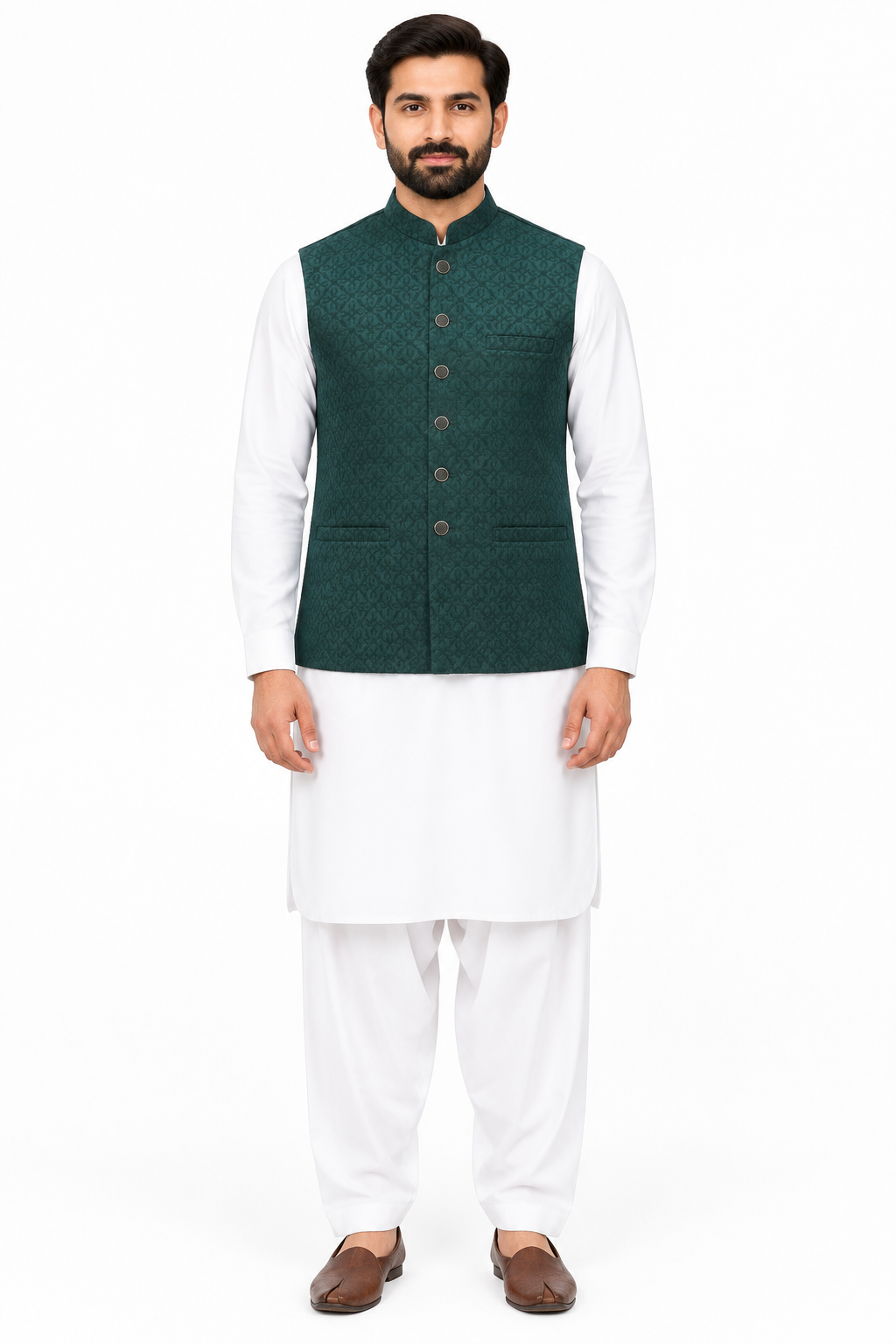 Men's Dark Green Geometric Design Jamawar Waistcoat Full
