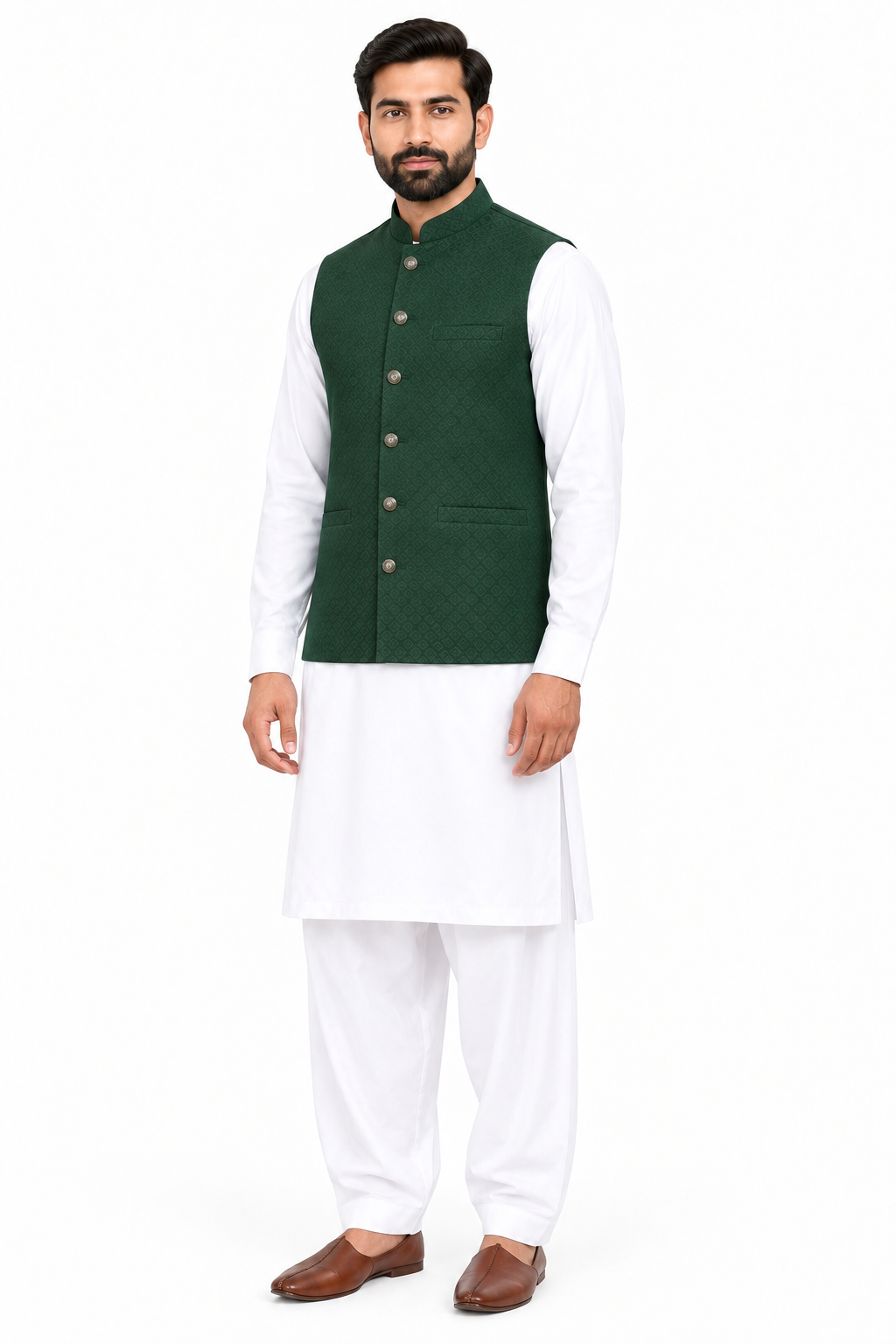 Men's Dark Green Small Diamond Design Jamawar Waistcoat Angled Full