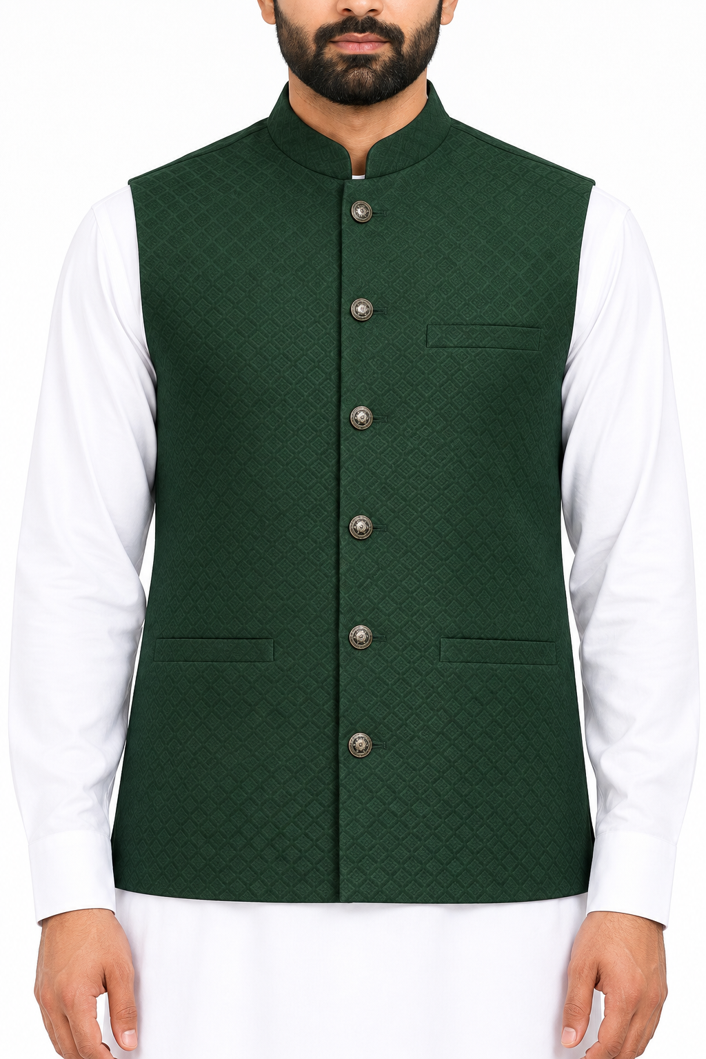 Men's Dark Green Small Diamond Design Jamawar Waistcoat Close Up
