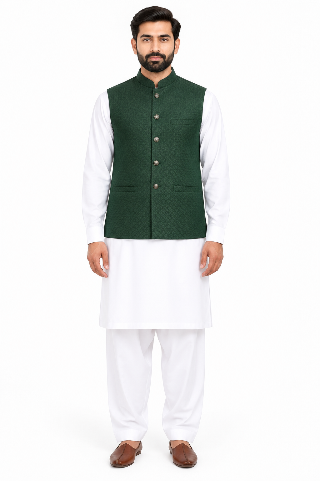 Men's Dark Green Small Diamond Design Jamawar Waistcoat Full
