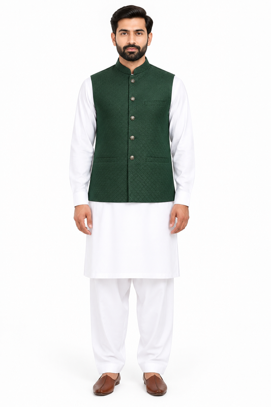 Men's Dark Green Small Diamond Design Jamawar Waistcoat Full
