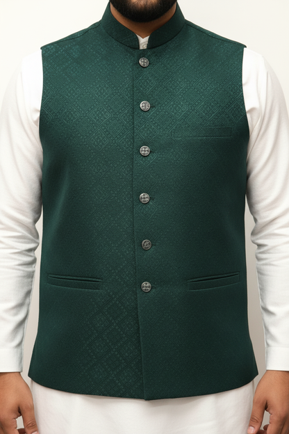 Men's Dark Green Square Diamond Design Jamawar Waistcoat Close Up