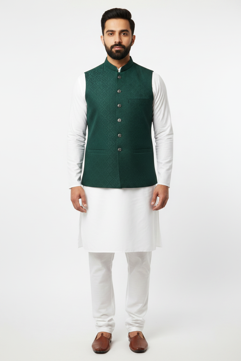 Men's Dark Green Square Diamond Design Jamawar Waistcoat Full
