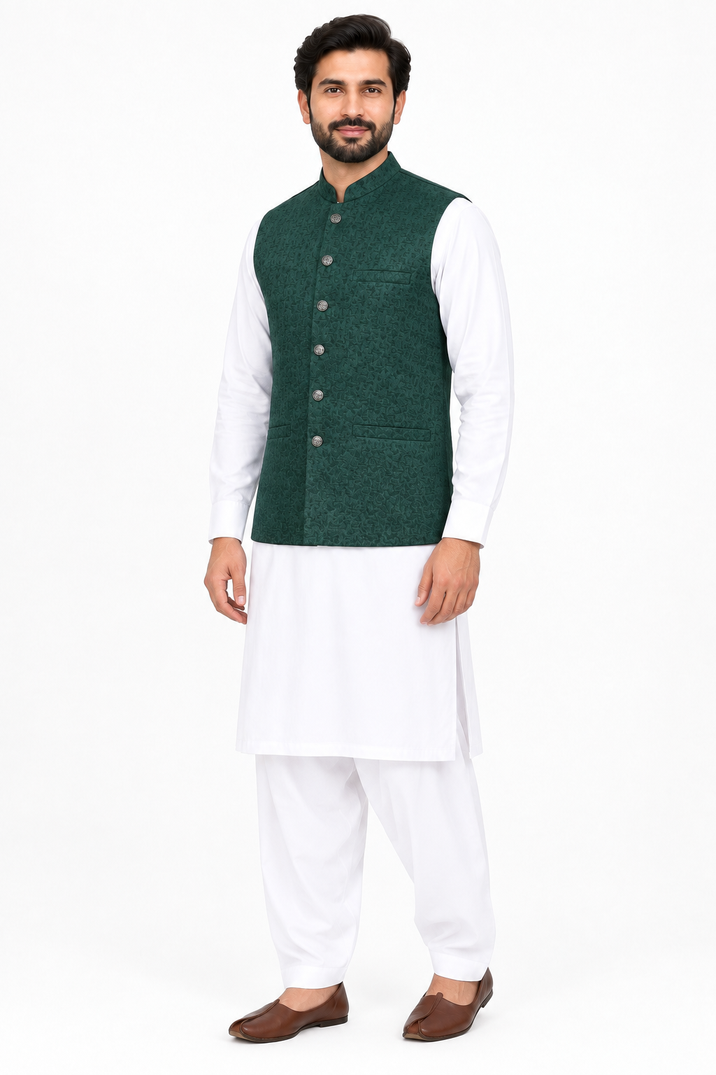 Men's Dark Green Stone Print Design Jamawar Waistcoat Angled Full