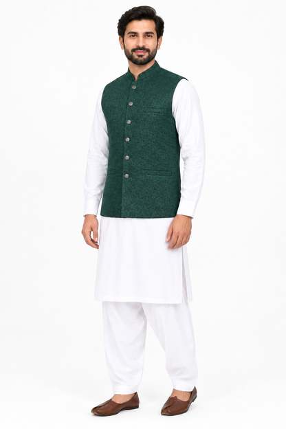 Men's Dark Green Stone Print Design Jamawar Waistcoat Angled Full