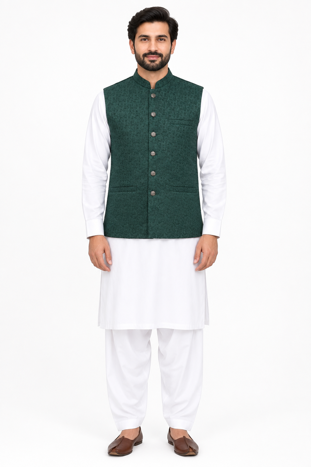 Men's Dark Green Stone Print Design Jamawar Waistcoat Full