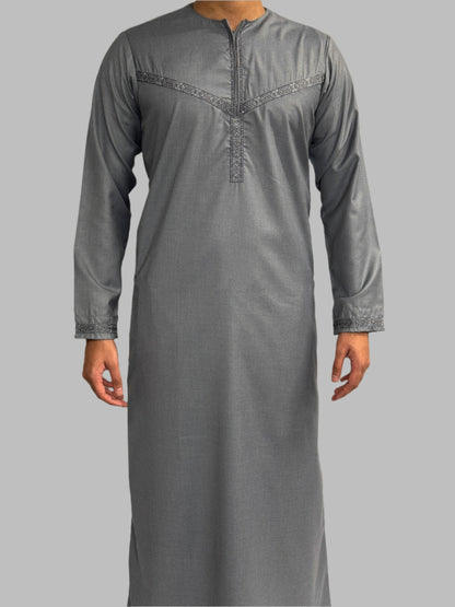 Men's Embroidery Zain Thobe Grey Front View