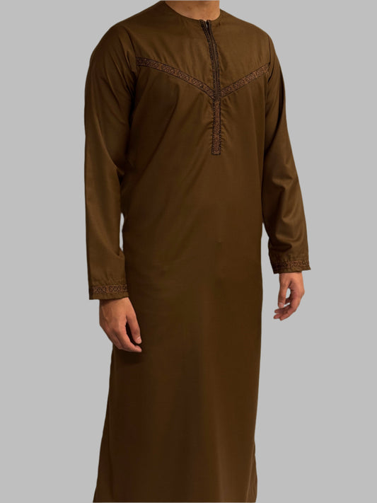 Men's Embroidery Zain Thobe Winter Material Brown Side View