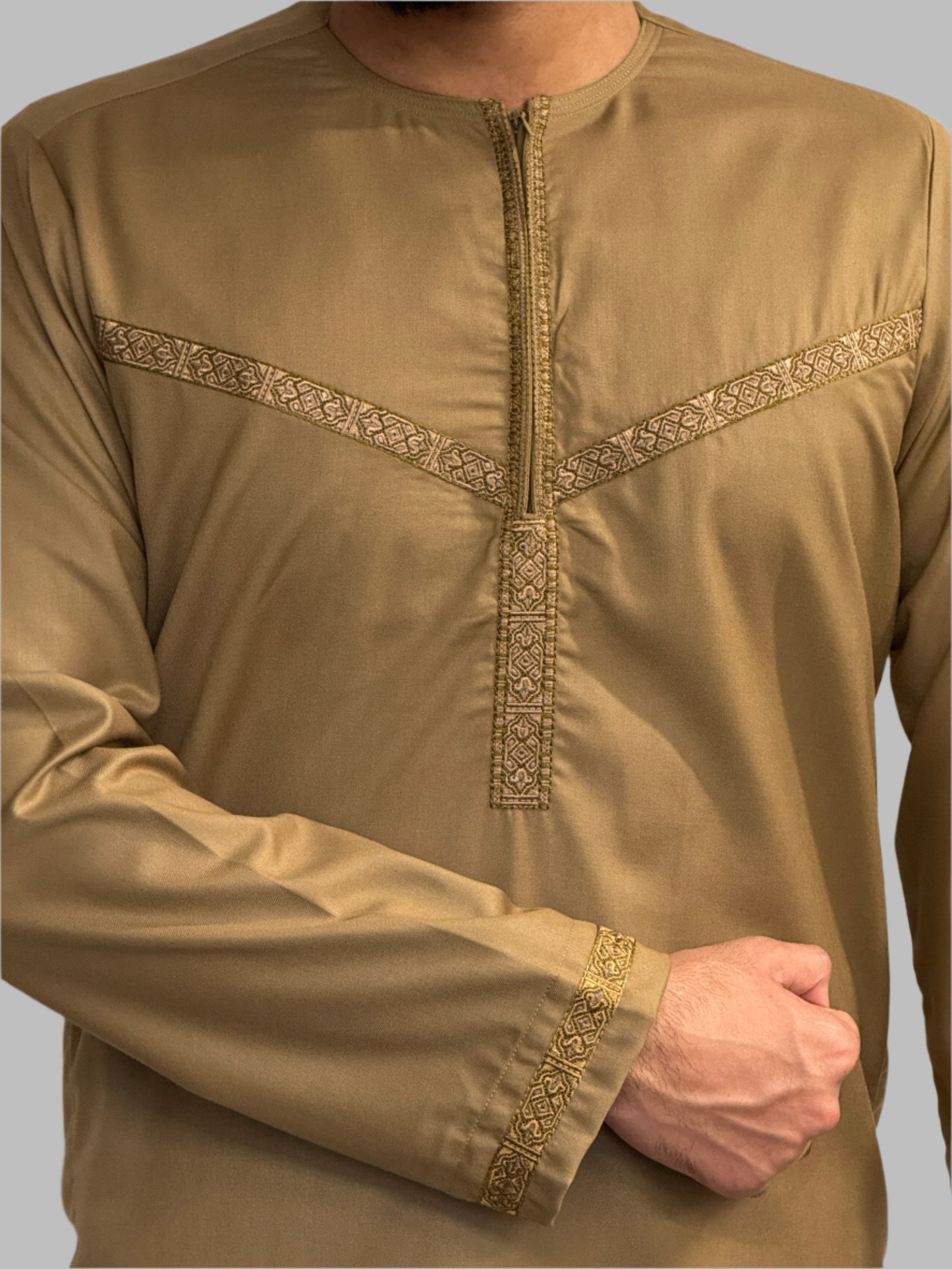 Men's Embroidery Zain Thobe Winter Material Camel Close Up