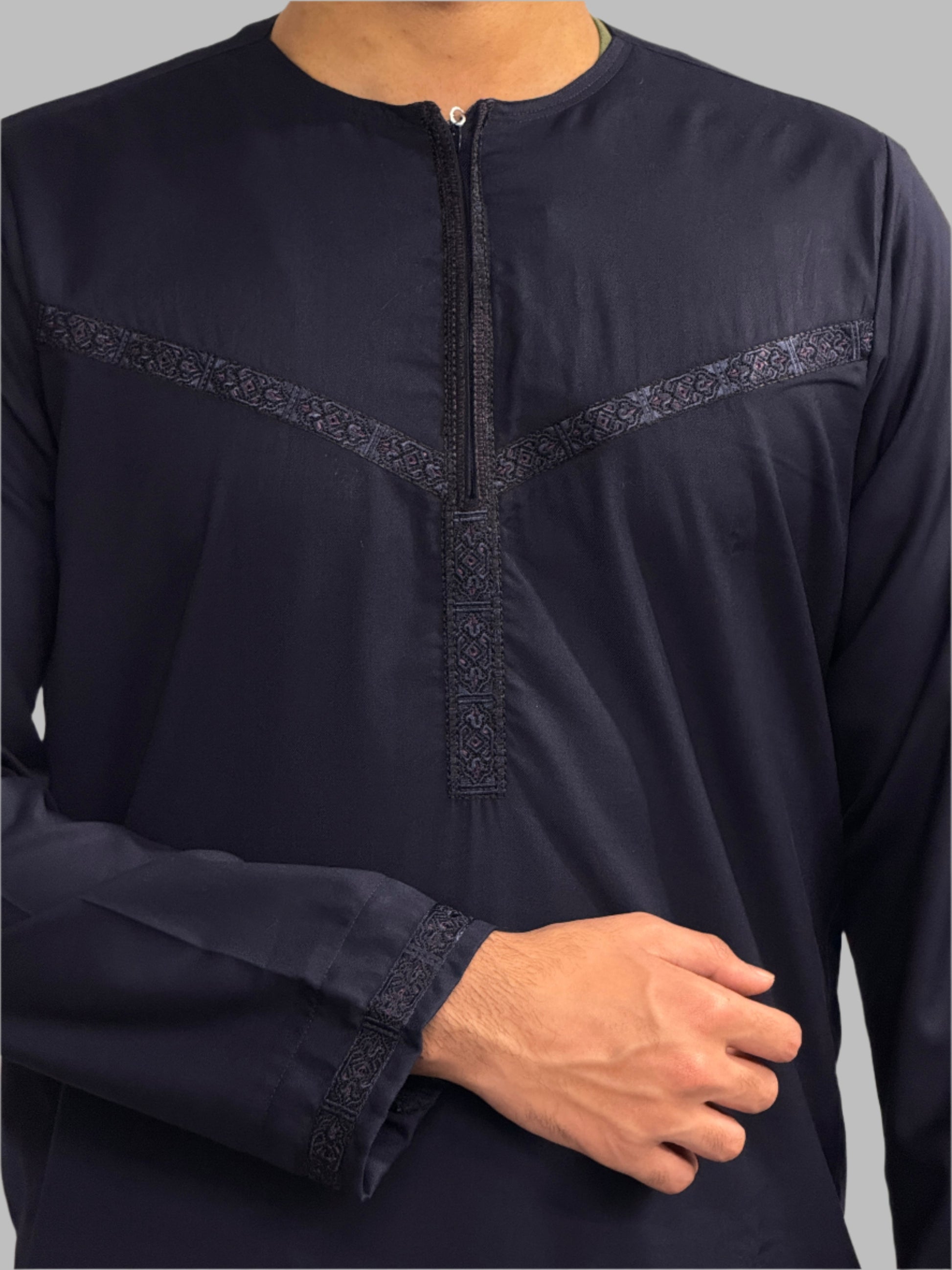 Men's Embroidery Zain Thobe Winter Material Dark Navy Close Up