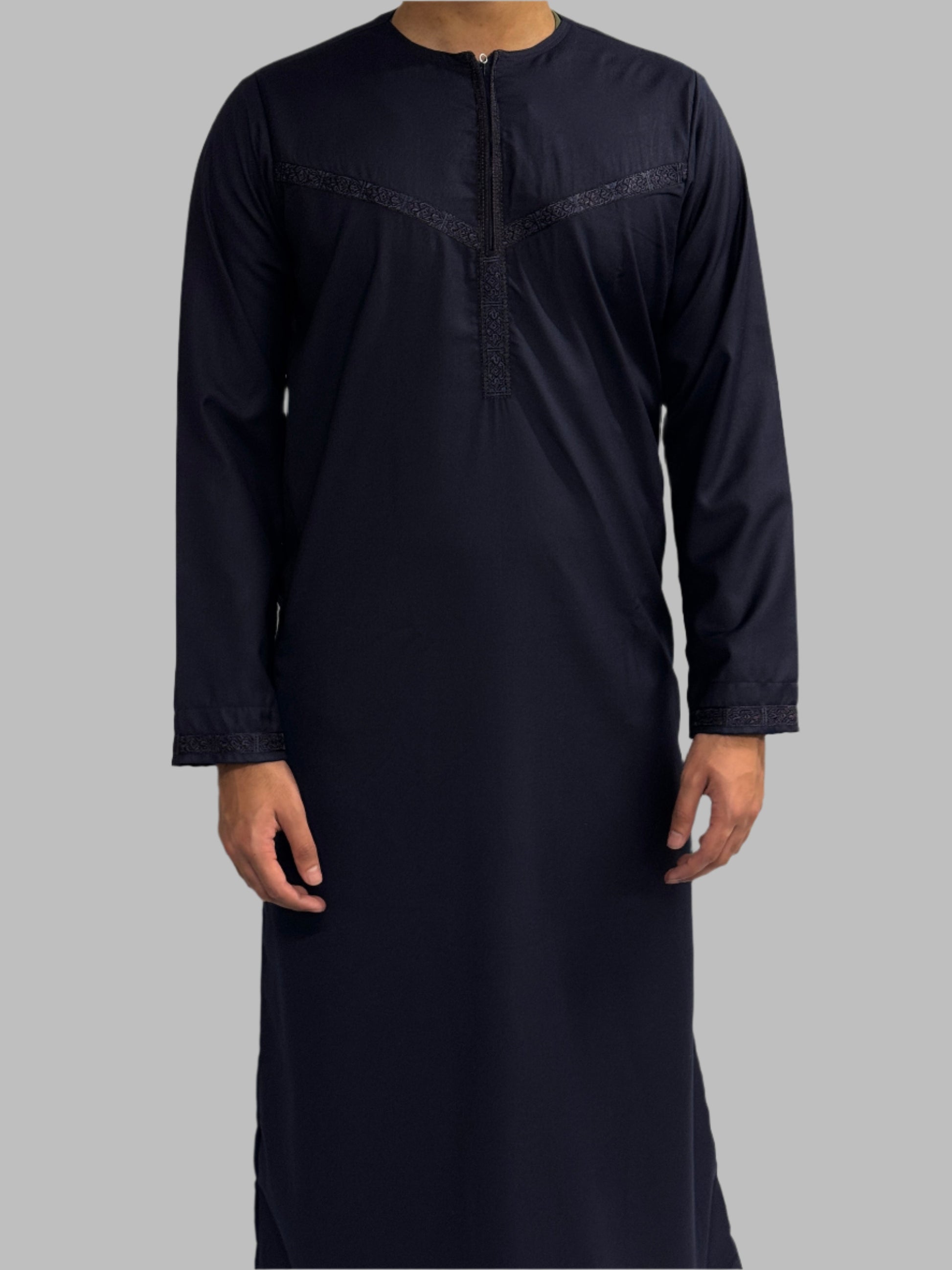 Men's Embroidery Zain Thobe Winter Material Dark Navy Front View