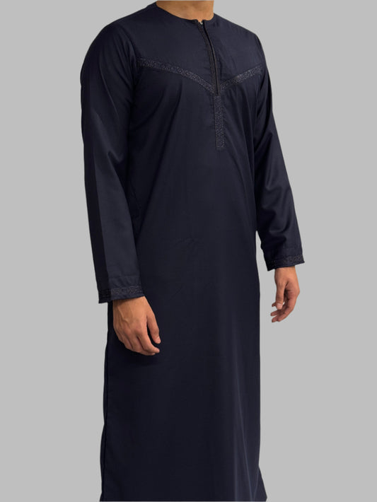 Men's Embroidery Zain Thobe Winter Material Dark Navy Side View