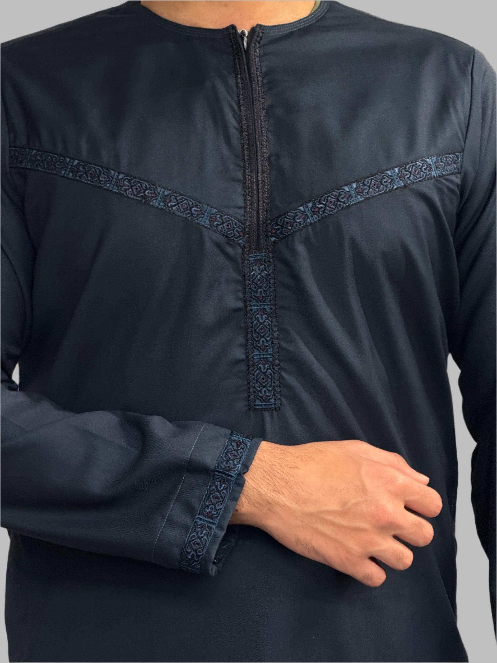 Men's Embroidery Zain Thobe Winter Material Dark Teal Close Up