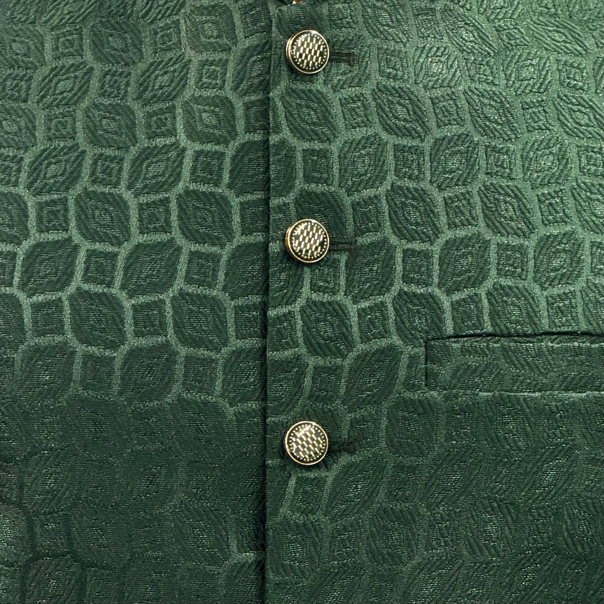 Men's Green Patch Design Jamawar Waistcoat Close Up