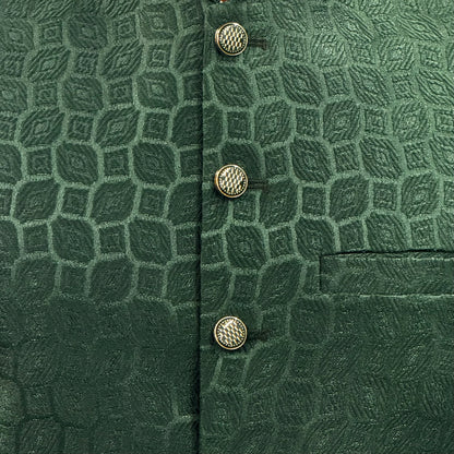 Men's Green Patch Design Jamawar Waistcoat Close Up