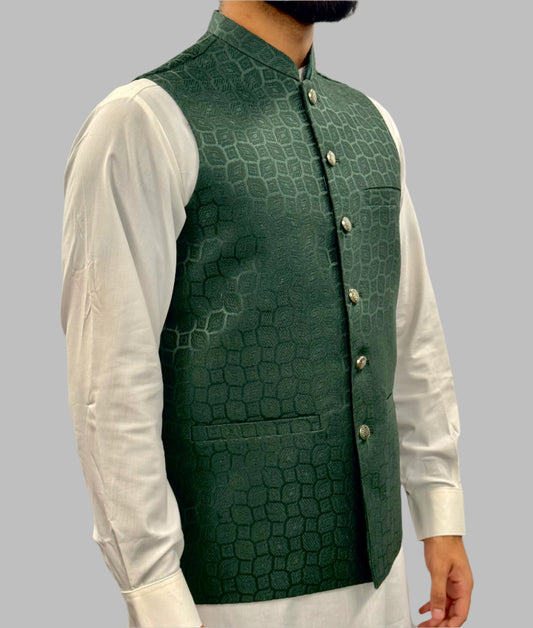 Men's Green Patch Design Jamawar Waistcoat Side View