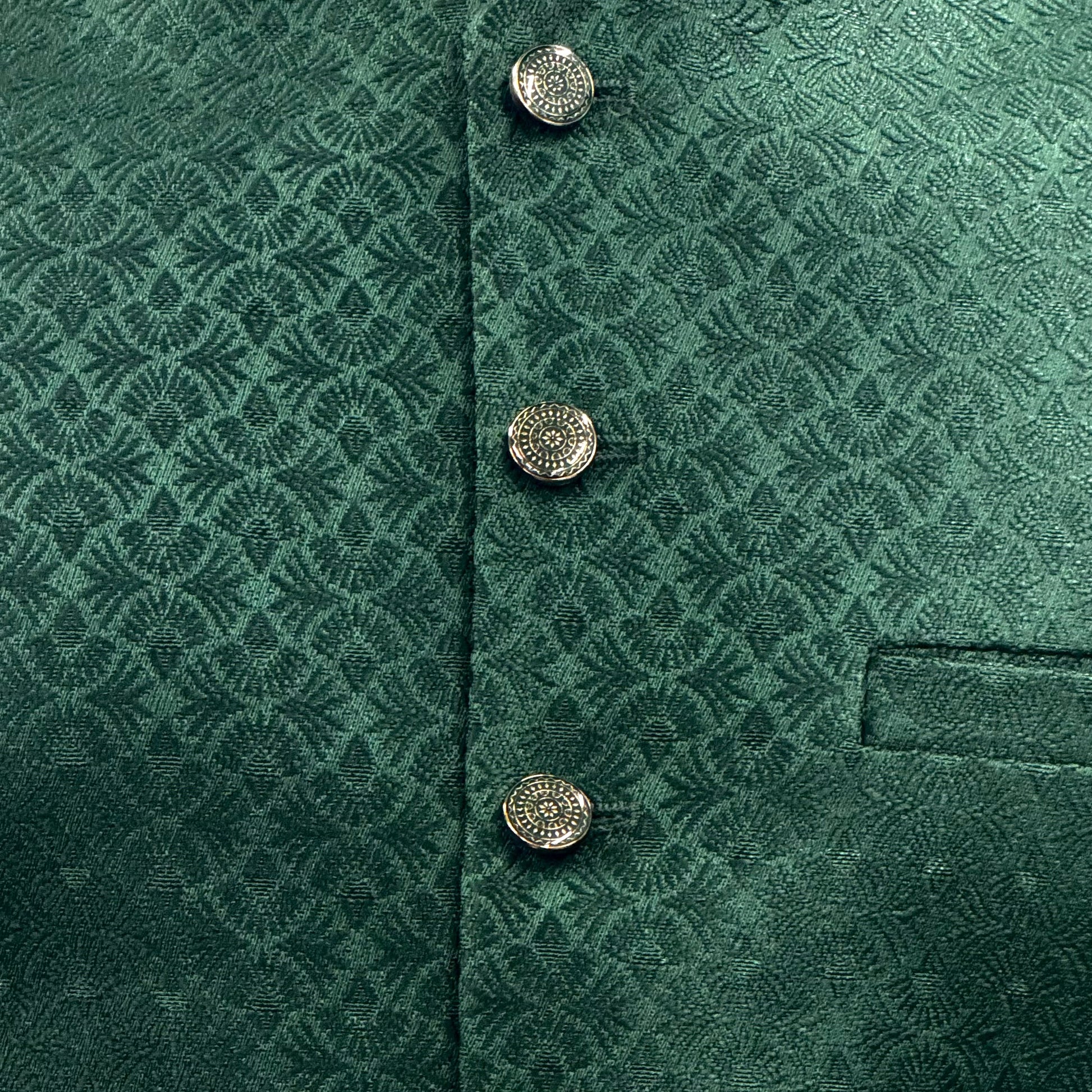 Men's Green Small Fan Design Jamawar Waistcoat Close Up