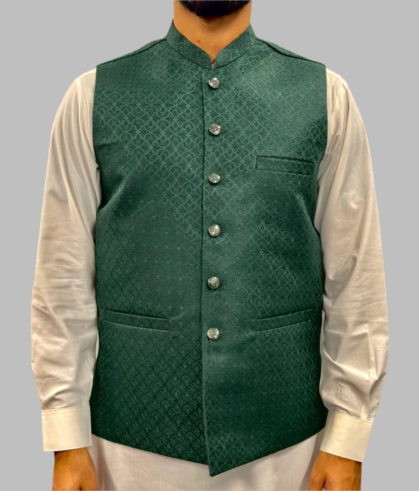 Men's Green Small Fan Design Jamawar Waistcoat Front View