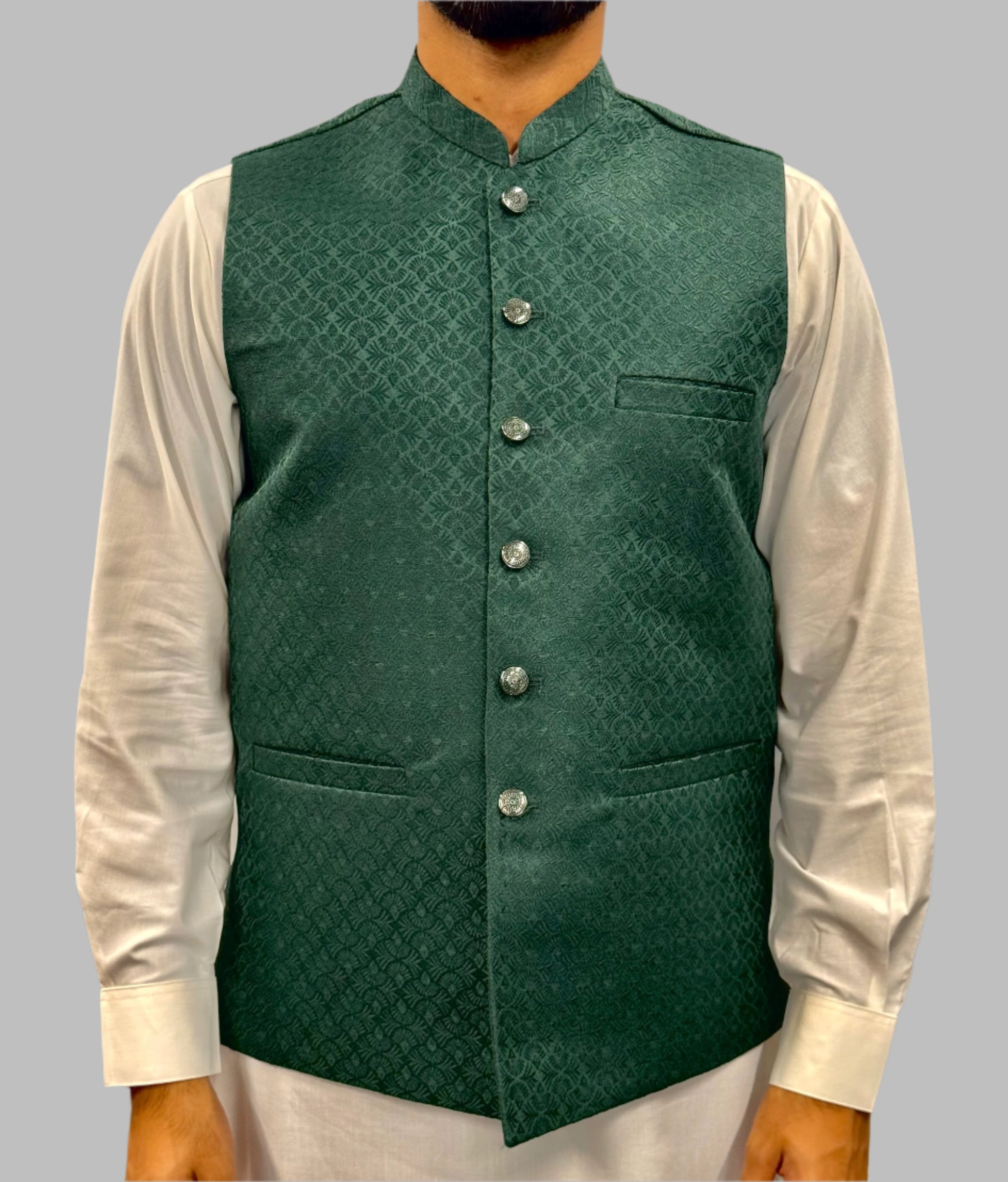 Men's Green Small Fan Design Jamawar Waistcoat Front View