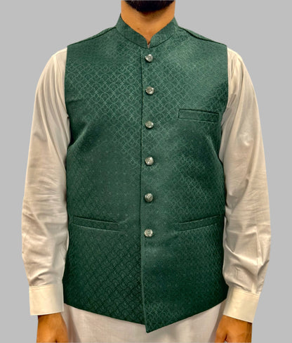 Men's Green Small Fan Design Jamawar Waistcoat Front View