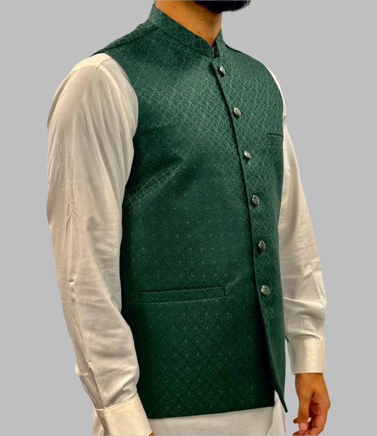 Men's Green Small Fan Design Jamawar Waistcoat Side View