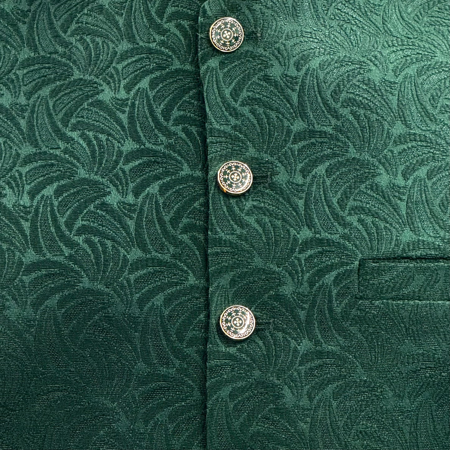 Men's Green Swirl Design Jamawar Waistcoat Close Up