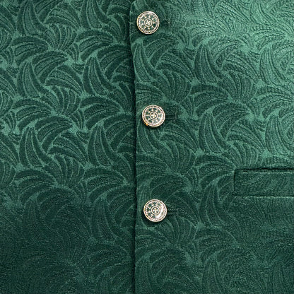 Men's Green Swirl Design Jamawar Waistcoat Close Up