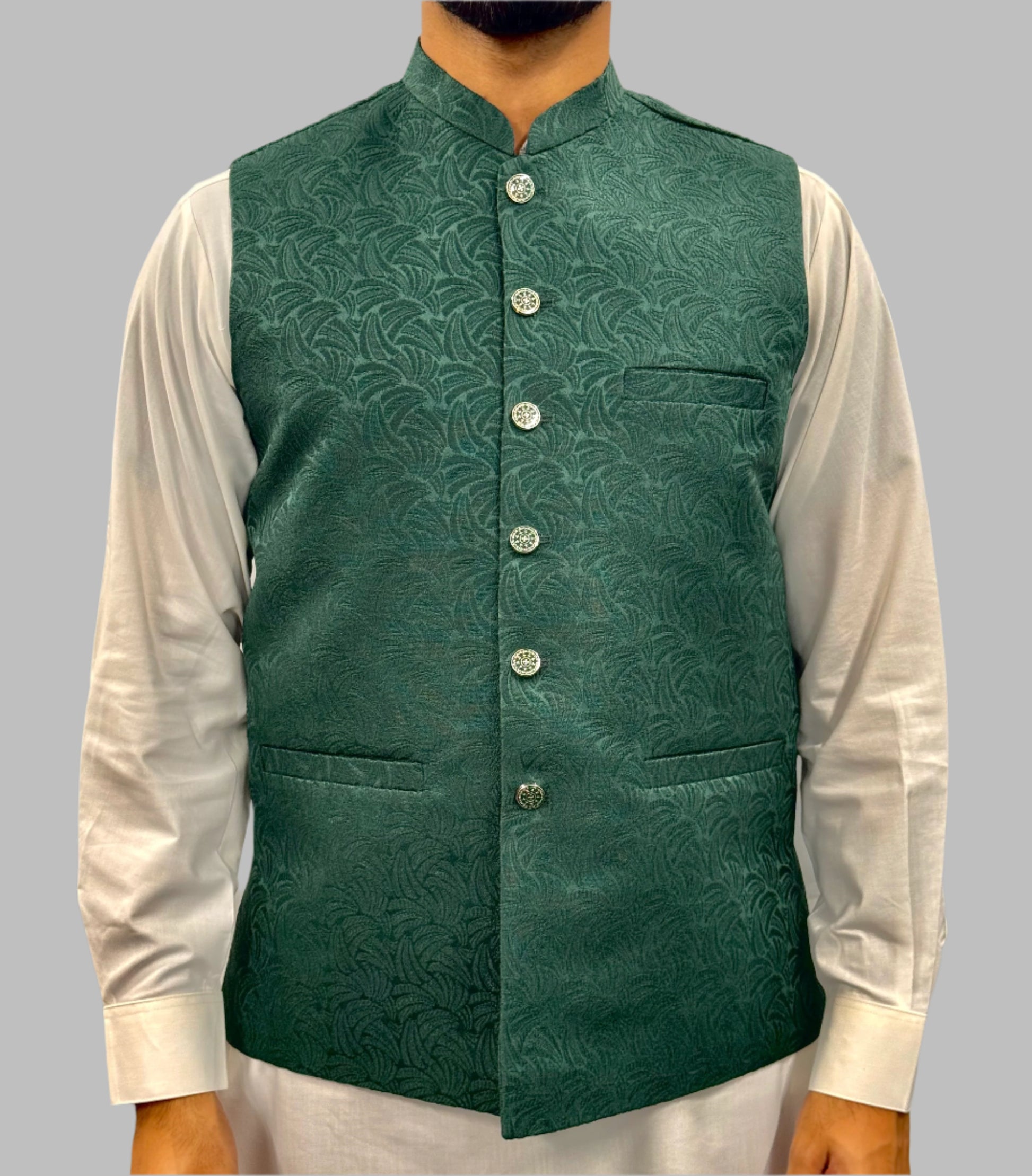 Men's Green Swirl Design Jamawar Waistcoat Front View