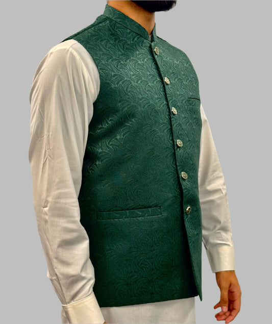 Men's Green Swirl Design Jamawar Waistcoat Side View