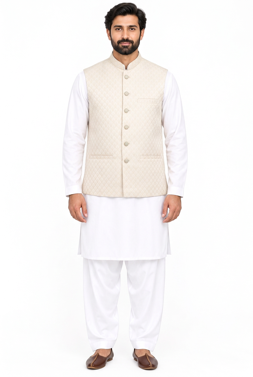 Men's Ivory on Champagne Base Pine Design Jamawar Waistcoat Full