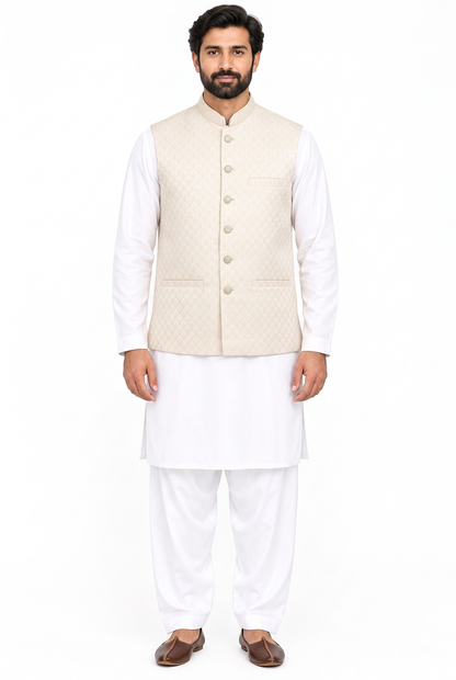 Men's Ivory on Champagne Base Pine Design Jamawar Waistcoat Full