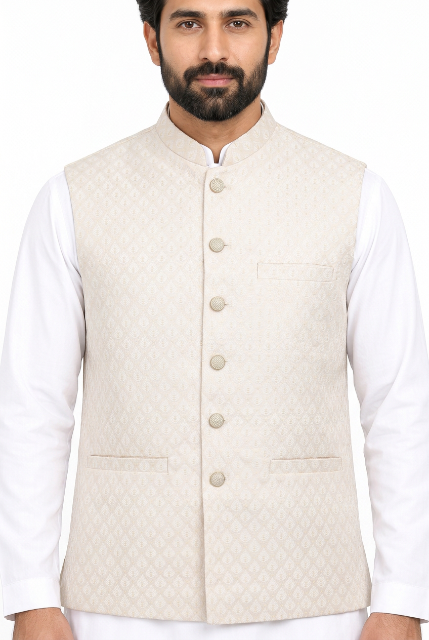 Men's Ivory on Champagne Base Pine Design Jamawar Waistcoat Close Up