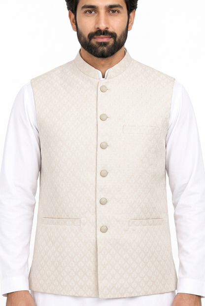 Men's Ivory on Champagne Base Pine Design Jamawar Waistcoat Close Up