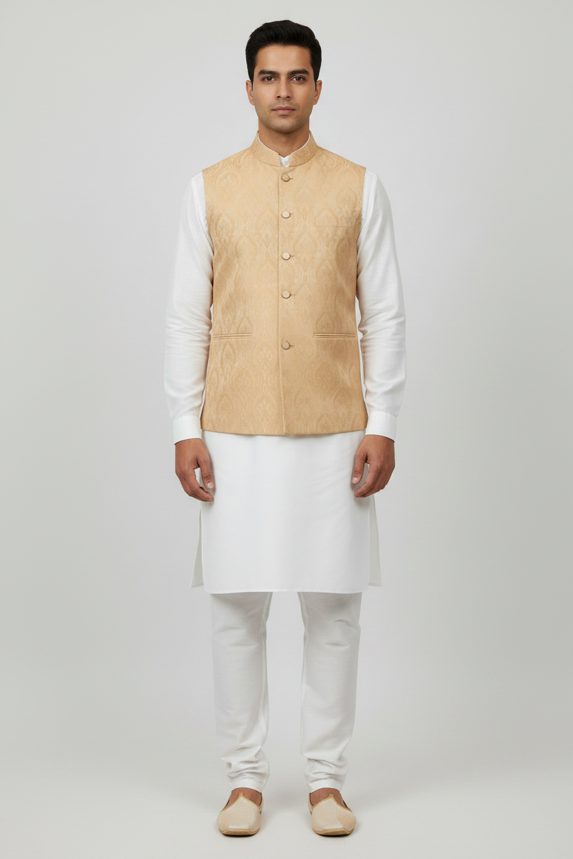 Men's Light Peach Royal Design Jamawar Waistcoat Full