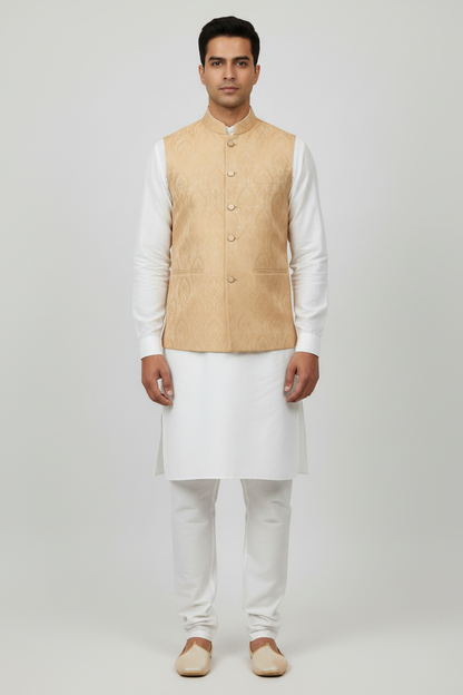 Men's Light Peach Royal Design Jamawar Waistcoat Full