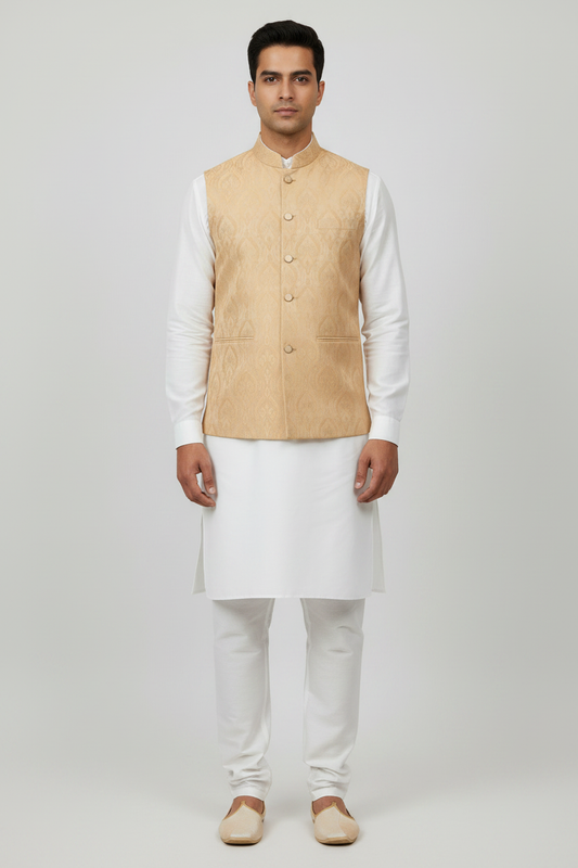 Men's Light Peach Royal Design Jamawar Waistcoat Full