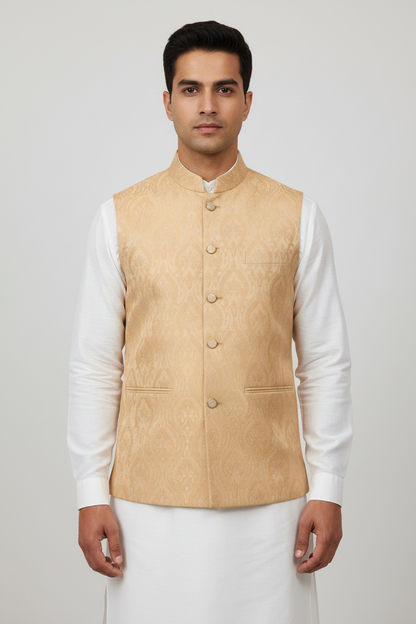 Men's Light Peach Royal Design Jamawar Waistcoat Close Up